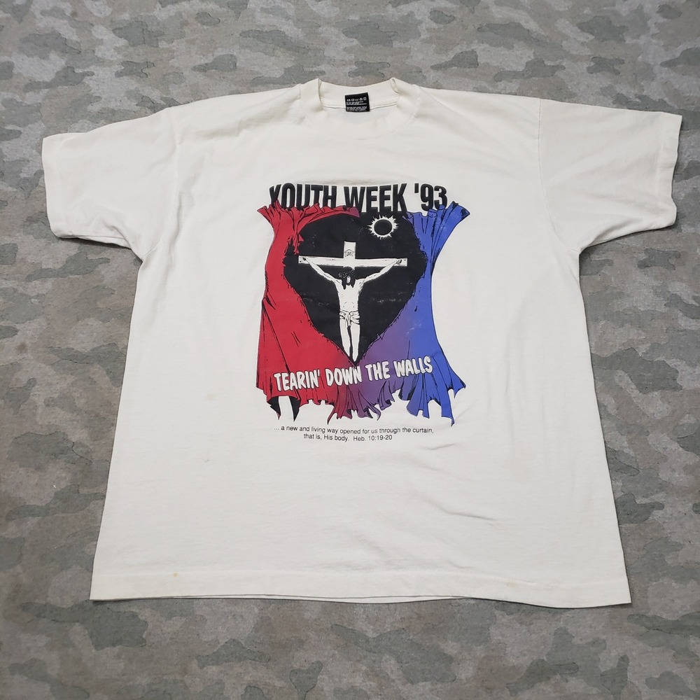 Vintage Fruit of the Loom Youth Week Religious Shirt Mens XL White Single Stitch